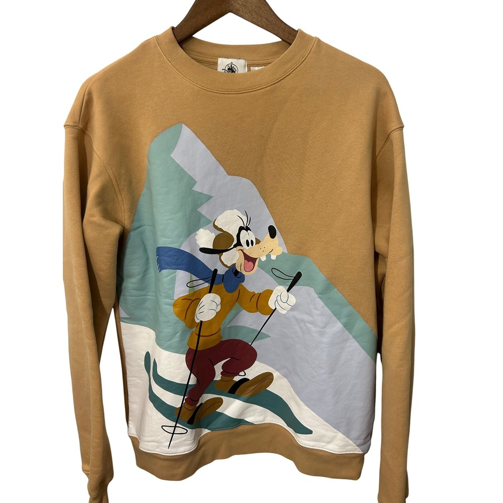 Disney‎ Parks Goofy Skiing Mustard Tan Crewneck Sweatshirt Size M Fleece